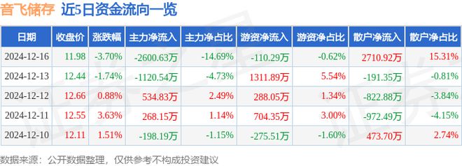 音飞储存（603066）12月16日主力资金净卖出260063万元